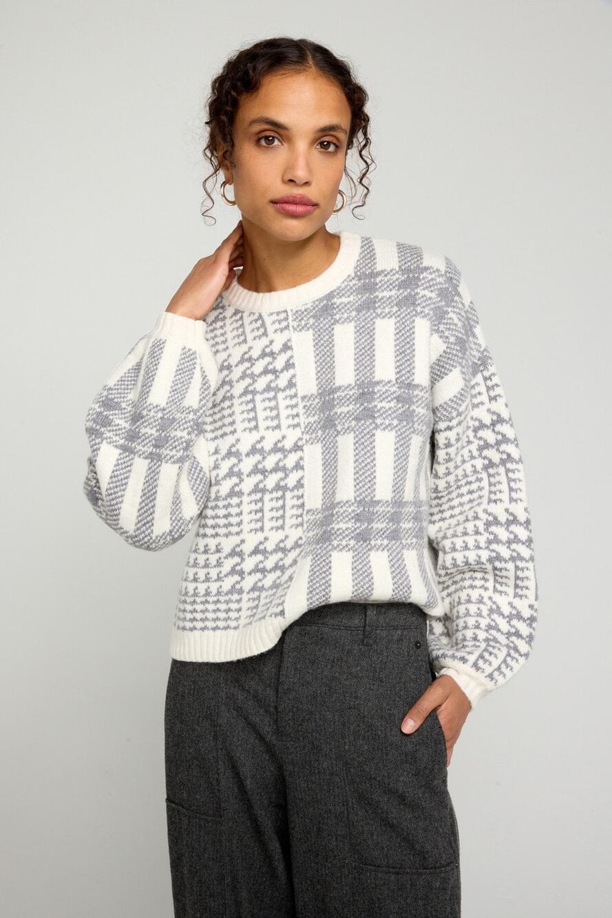 Splendid Sz S Elliott Gray White Plaid Long Sleeve Crewneck Pullover Sweater
